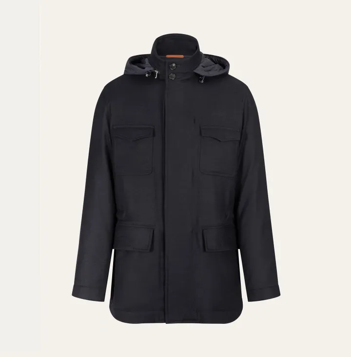 Field jacket in lana cashmere con cappuccio  a scomparsa