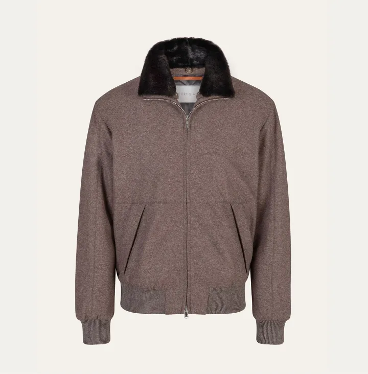 Cashmere bomber with beaver fur collar