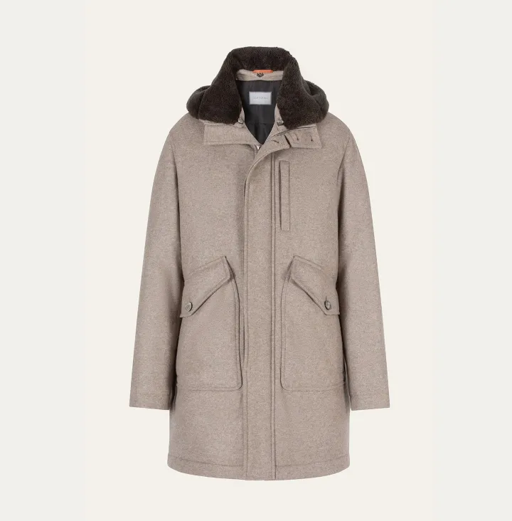 Parka in cashmere con collo cappuccio in montone